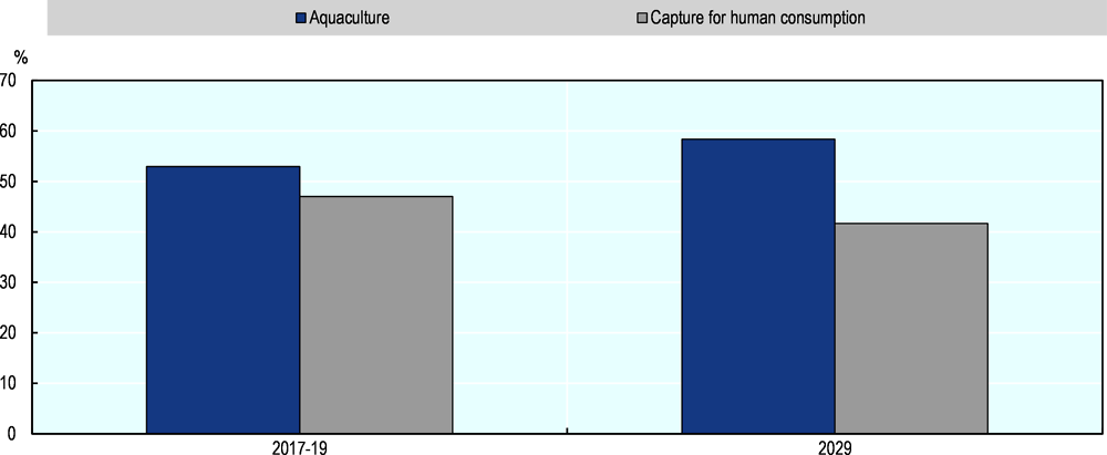 Figure 8.5. Share of aquaculture and capture in total fish available for human consumption, 2017-19 vs 2029